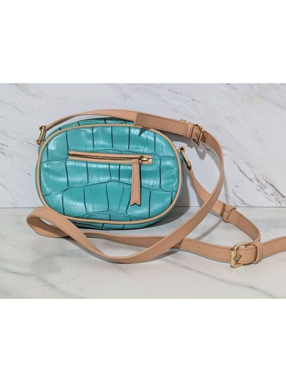 Kate Landry Women's Aqua Croc Print Tan Trim Strap Shoulder Bag